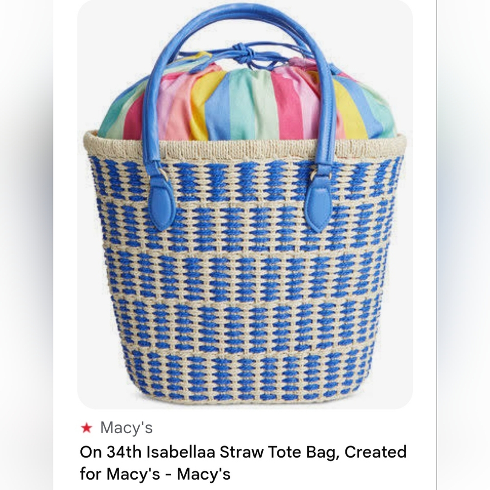 On 34th Isabellaa Straw Tote For Macys, Blue W Multi Color Stripes NWOT